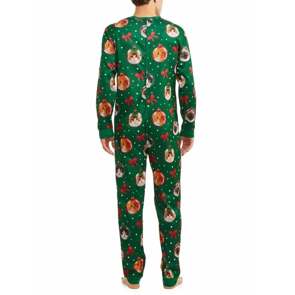 NWT Cats Christmas Pajamas Ugly Large One Piece unionsuit Light Up‎ Jumper Zip